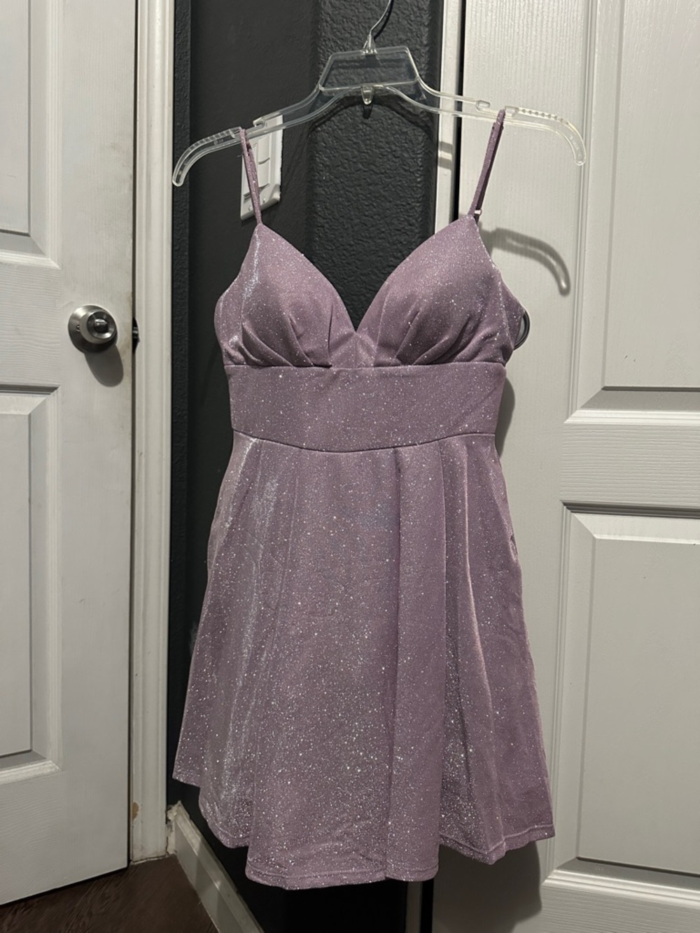 B Darlin Sparkle Lilac Spaghetti Strap Mini Dress